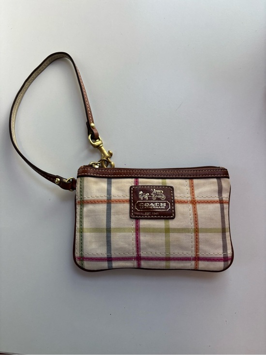 Coach Handbags - Coach Multicolor Plaid Canvas Wristlet with Brown Leather Trim